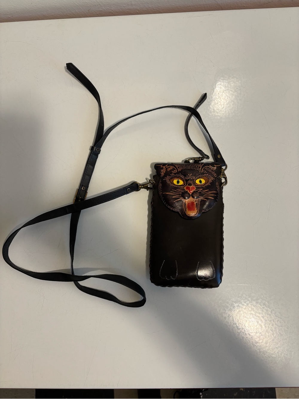 Black Leather Crossbody Phone Bag with Cat Face Applique